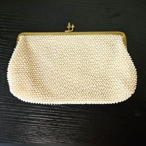 Corde Vintage 60s Cocktail Ivory Brass Beaded Kiss Lock Clutch Coin Purse